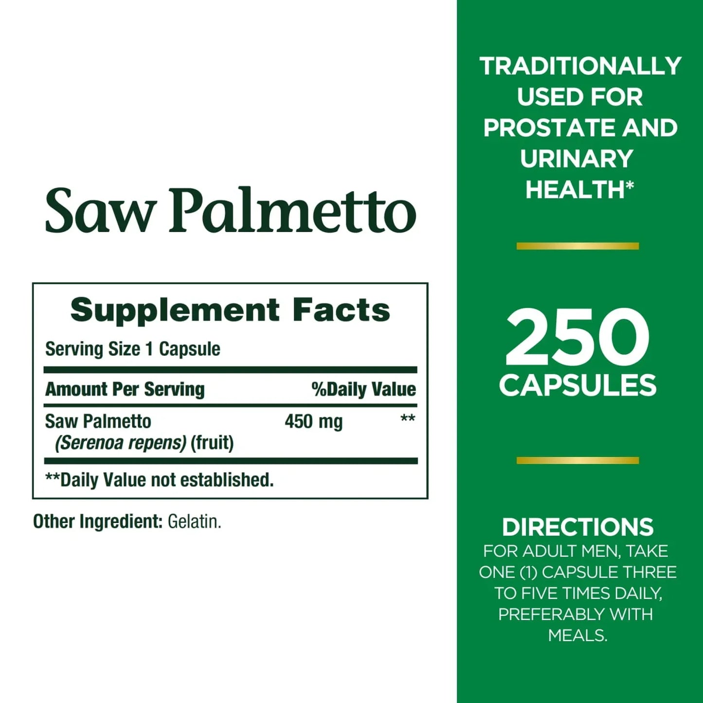 Nature's Bounty Saw Palmetto 450mg Herbal Supplement, 250 Capsules - Exotic Pro