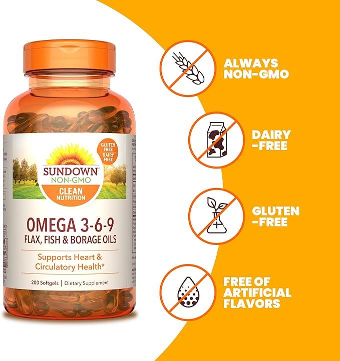 Sundown Omega 3-6-9 with Flax, Fish, and Borage Oils - 200 Softgels - Exotic Pro