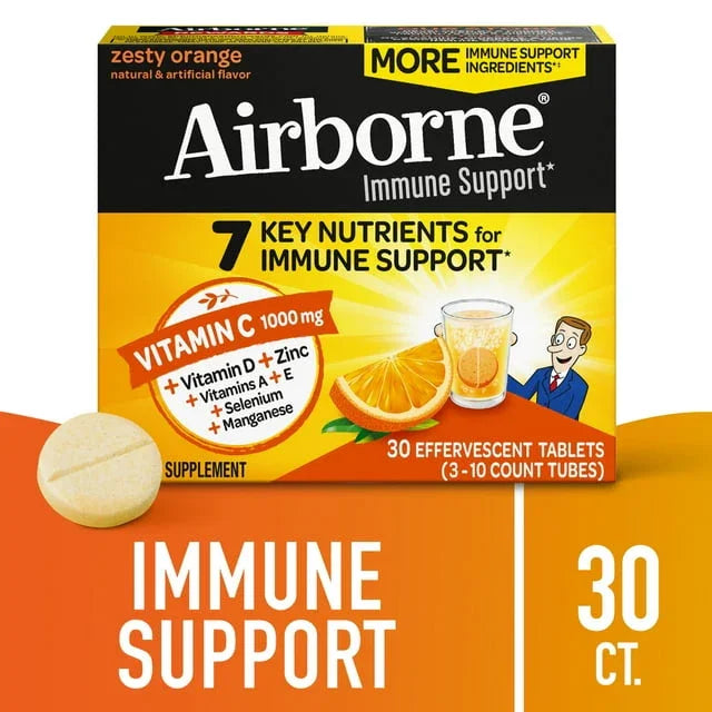 Airborne Immune Support Effervescent Tablets, Vitamin C 1000mg, Orange, 30 Ct - Exotic Pro