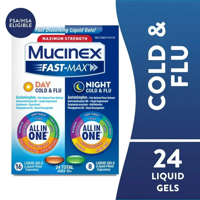Mucinex Fast-Max Day & Night Cold & Flu Liquid Gels, Cough Relief, 24 Ct - Exotic Pro