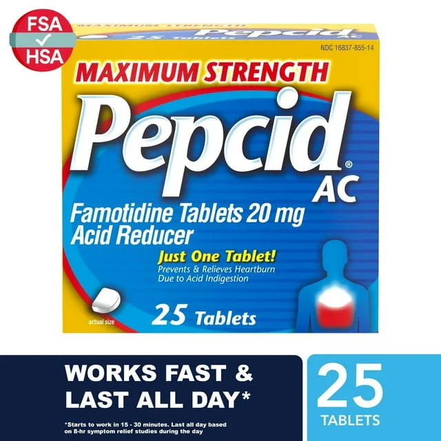 Pepcid AC Max Strength Famotidine 20mg – 25 Ct Heartburn Relief Tablets - Exotic Pro