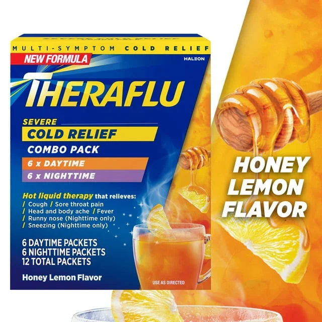 Theraflu Severe Cold & Flu Powder – Day/Night Honey Lemon, 12 Ct - Exotic Pro