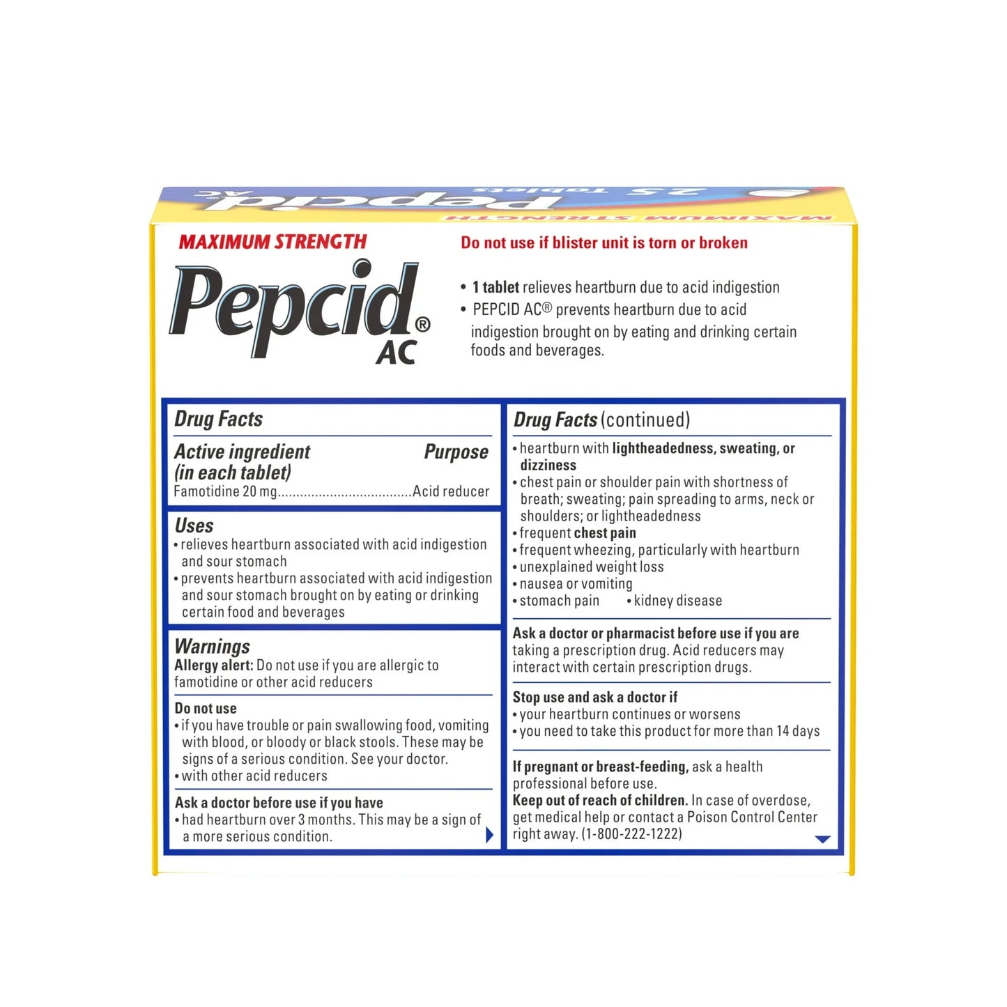 Pepcid AC Max Strength Famotidine 20mg – 25 Ct Heartburn Relief Tablets - Exotic Pro