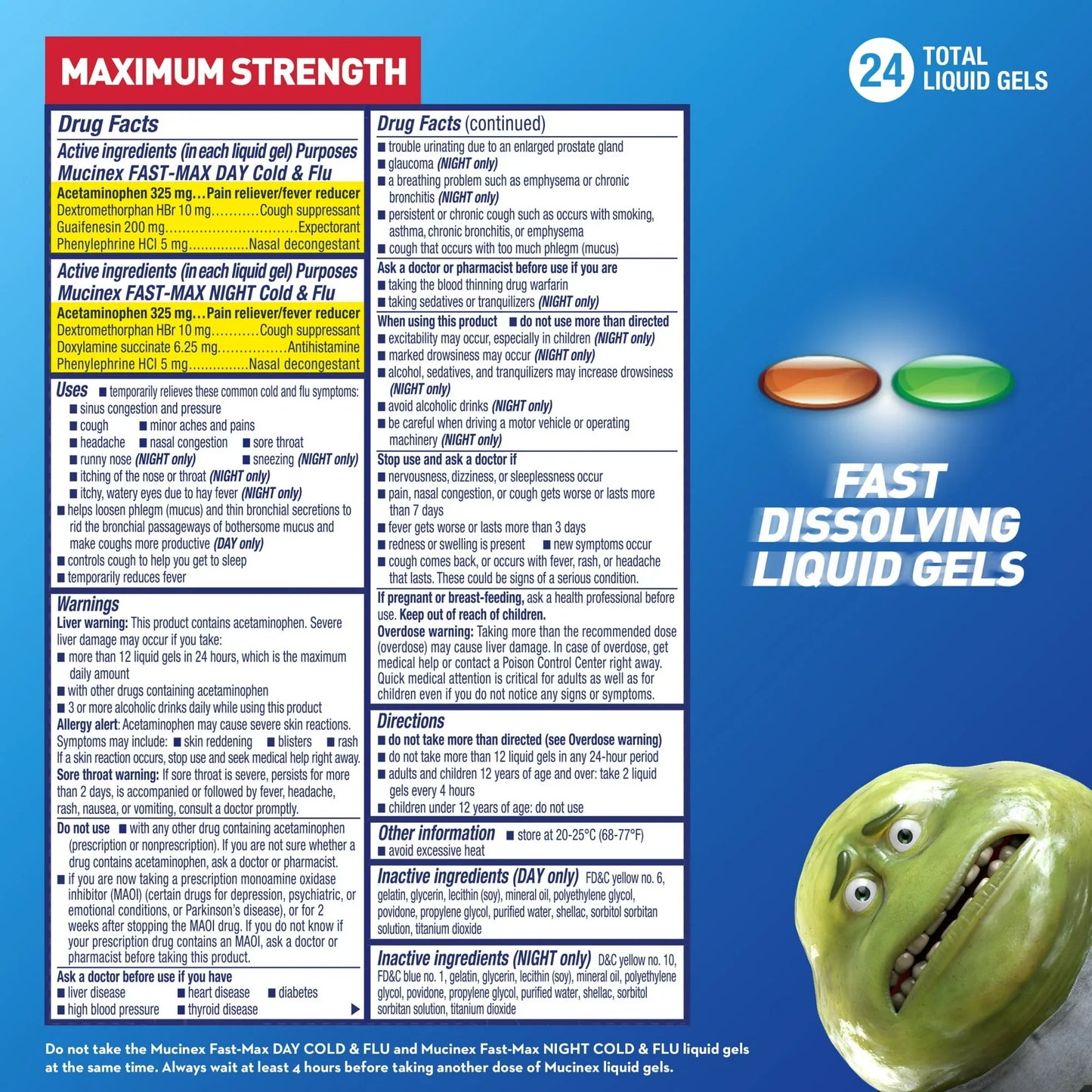 Mucinex Fast-Max Day & Night Cold & Flu Liquid Gels, Cough Relief, 24 Ct - Exotic Pro