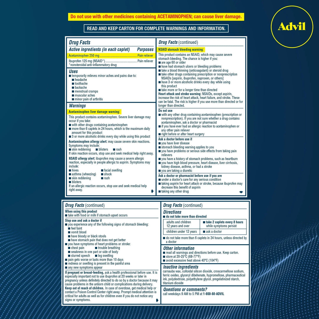 Advil Dual Action Caplets – Ibuprofen &amp; Acetaminophen Pain Relief, 72 Ct - Exotic Pro