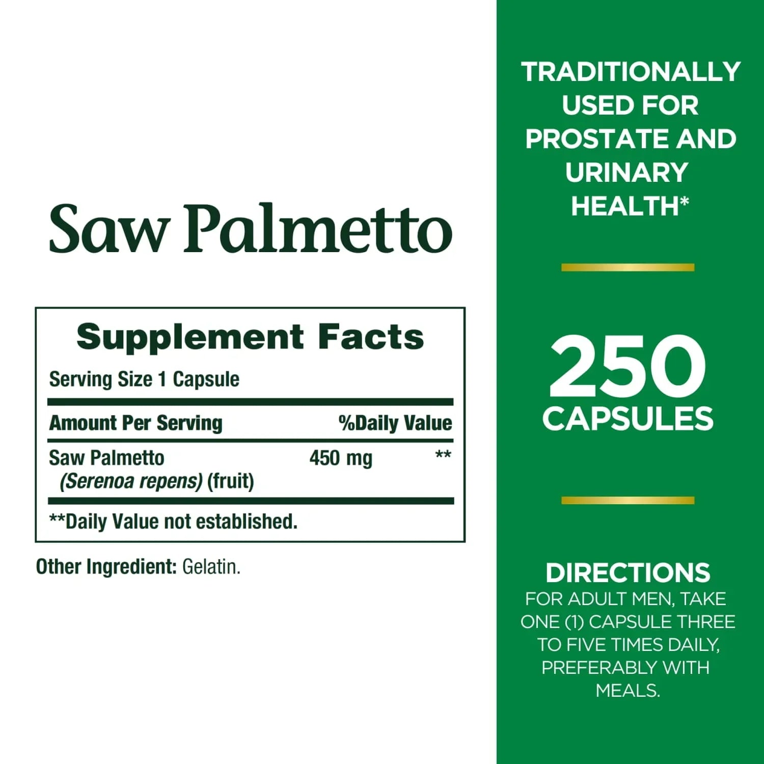 Nature's Bounty Saw Palmetto 450mg Herbal Supplement, 250 Capsules - Exotic Pro