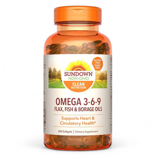 Sundown Omega 3-6-9 with Flax, Fish, and Borage Oils - 200 Softgels - Exotic Pro