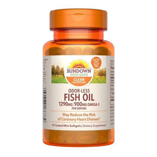 Sundown Odorless Fish Oil, 1290mg, Omega 3 Dietary Supplement, Supports Heart Health, 72 Coated Mini Softgels - Exotic Pro