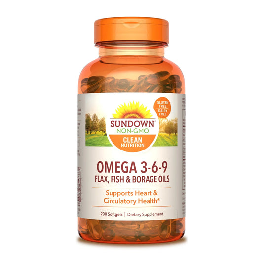 Sundown Omega 3-6-9, With Flax, Fish, and Borage Oils, Supports Heart and Circulatory Health, 200 Softgels (Packaging May Vary) - Exotic Pro