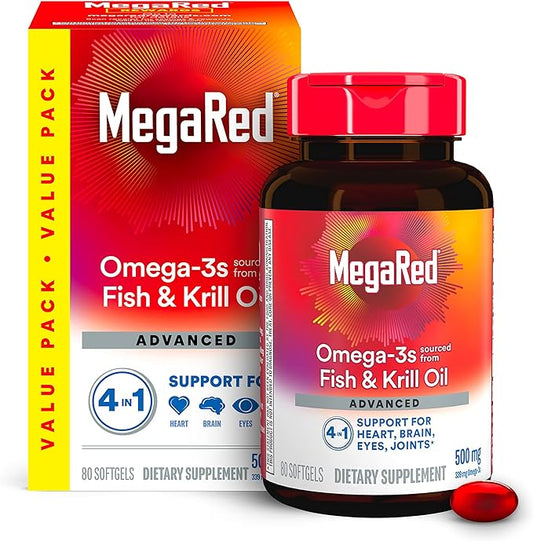 MegaRed Omega-3 + Krill Oil 500mg Softgels, Advanced 4in1 – 80 Count