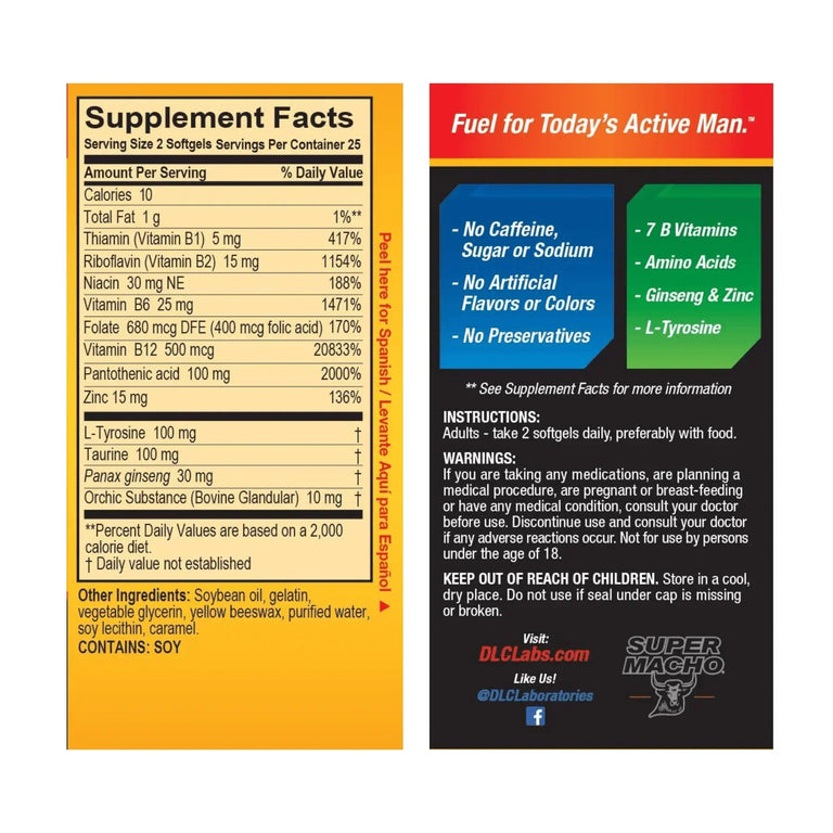 Super Macho Vitamin B Supplement for Men | 50 Ct with Ginseng & Zinc