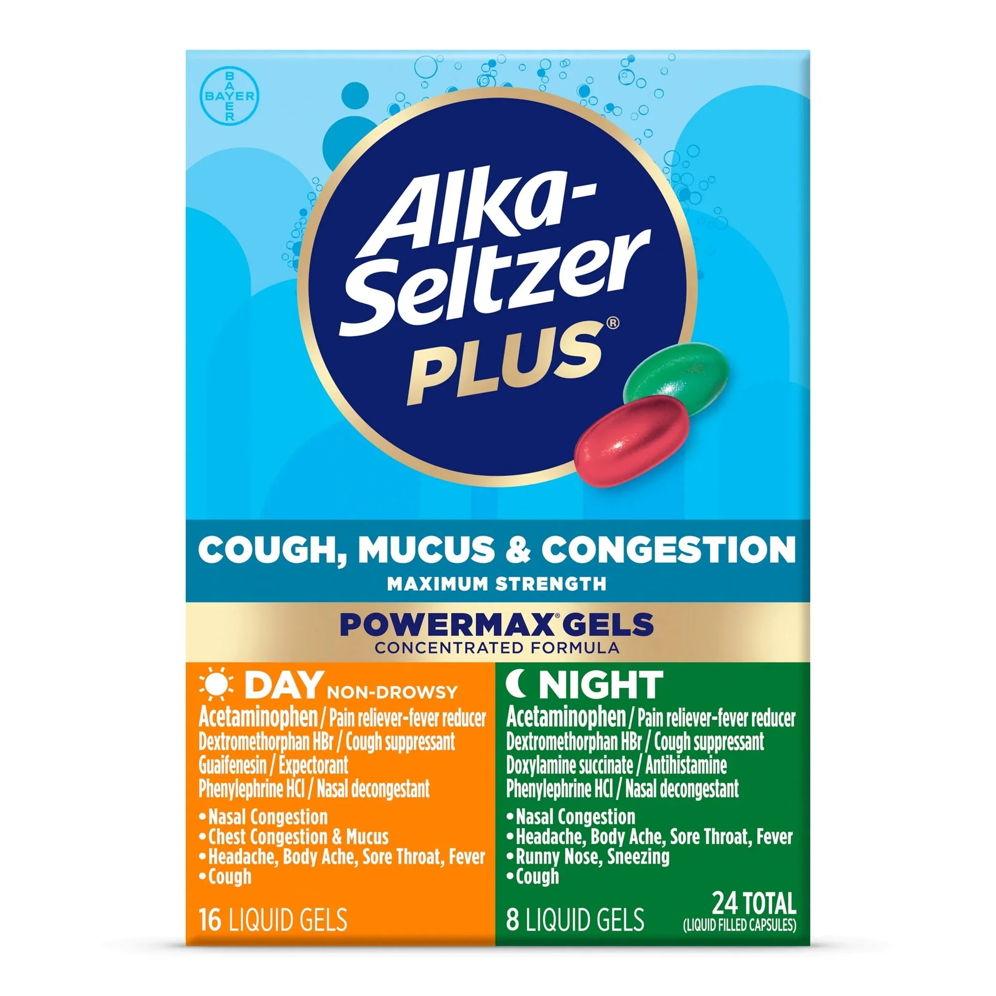 Alka-Seltzer Plus Max Cough & Congestion Day+Night Liquid Gels, 24 Ct - Exotic Pro