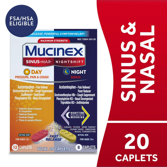 Mucinex Sinus-Max Day & Night Caplets, Pressure, Pain & Cough Relief, 20 Ct - Exotic Pro
