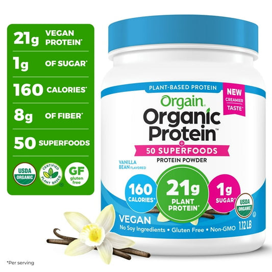 Orgain Organic Vegan Protein + Superfoods Powder, Vanilla Bean – 1.12 lb