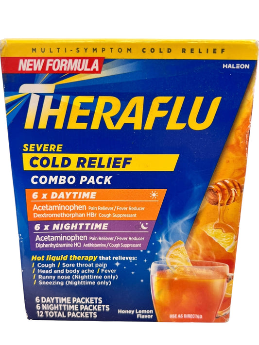 Theraflu Severe Cold & Flu Powder – Day/Night Honey Lemon, 12 Ct