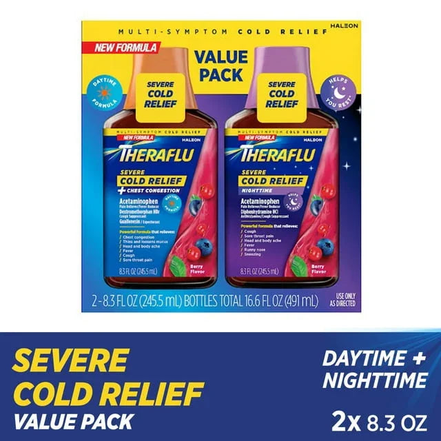 Theraflu Severe Cold &amp; Flu Day/Night Syrup, Berry Flavor, 8.3 oz, 2 Pack - Exotic Pro