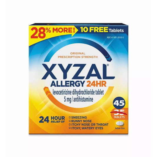 Xyzal 24-Hour Allergy Relief Tablets, 5mg Levocetirizine, 45 Ct (35+10 Bonus)