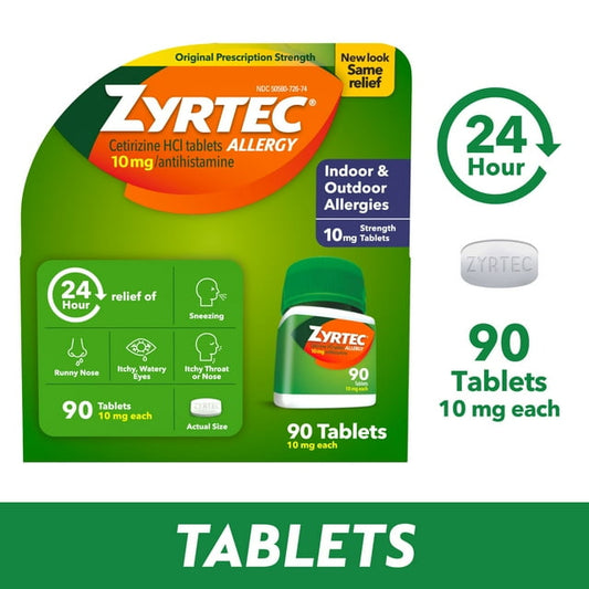 Zyrtec 24-Hour Allergy Relief Tablets, 10mg Cetirizine HCl, 90 Ct