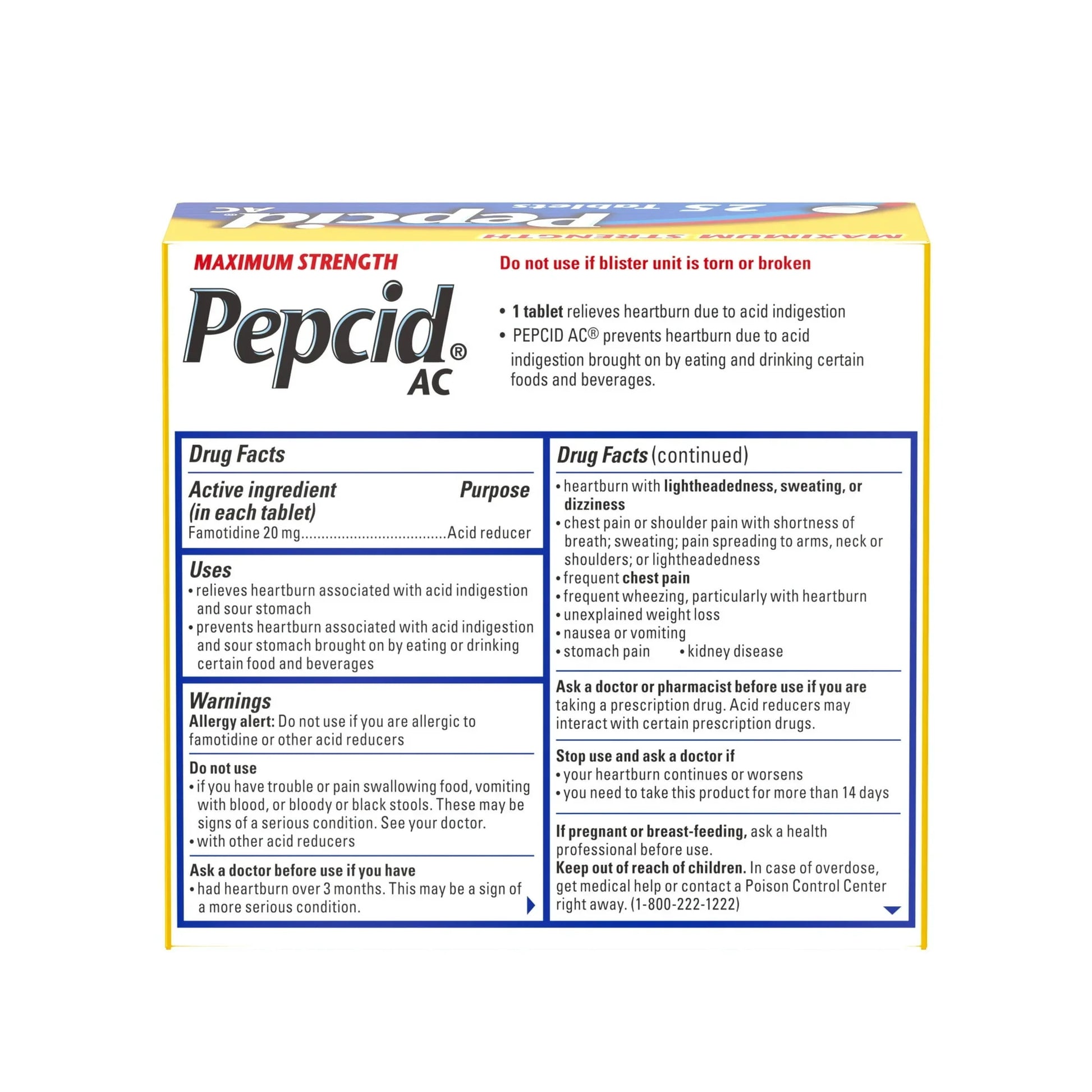 Pepcid AC Max Strength Famotidine 20mg – 25 Ct Heartburn Relief Tablets - Exotic Pro