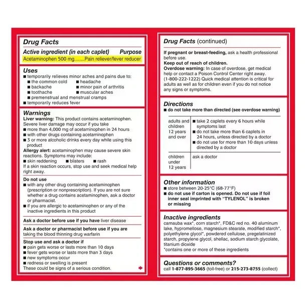 Tylenol Extra Strength Pain Reliever Fever Reducer 100 Caplets - Exotic Pro